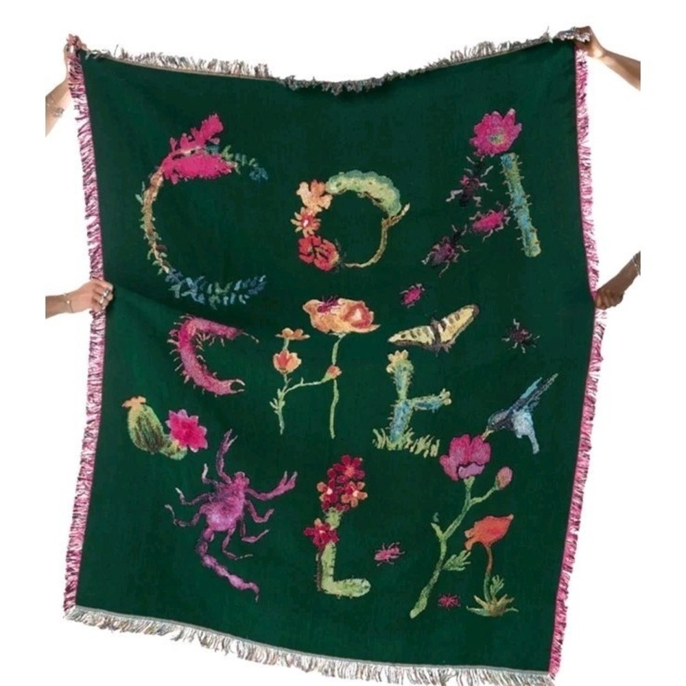 Coachella Desert Critters Bugs Floral Throw Blanket Woven Tapestry 100% Cotton